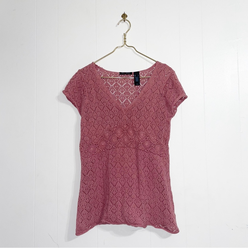 Axcess Liz Claiborne Crochet Blouse Top Rose Mauve XL Y2K Bohemian Boho Festival